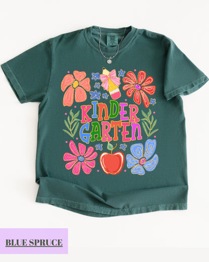 Comfort Colors® Floral Kindergarten Teacher T-Shirt, Kindergarten Crew, Floral Kindergarten Teacher Tee, Preschool Teacher Gift