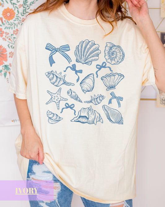 Blue Coquette Coastal Seashell T-Shirt - Summer Beachy Aesthetic T-Shirt