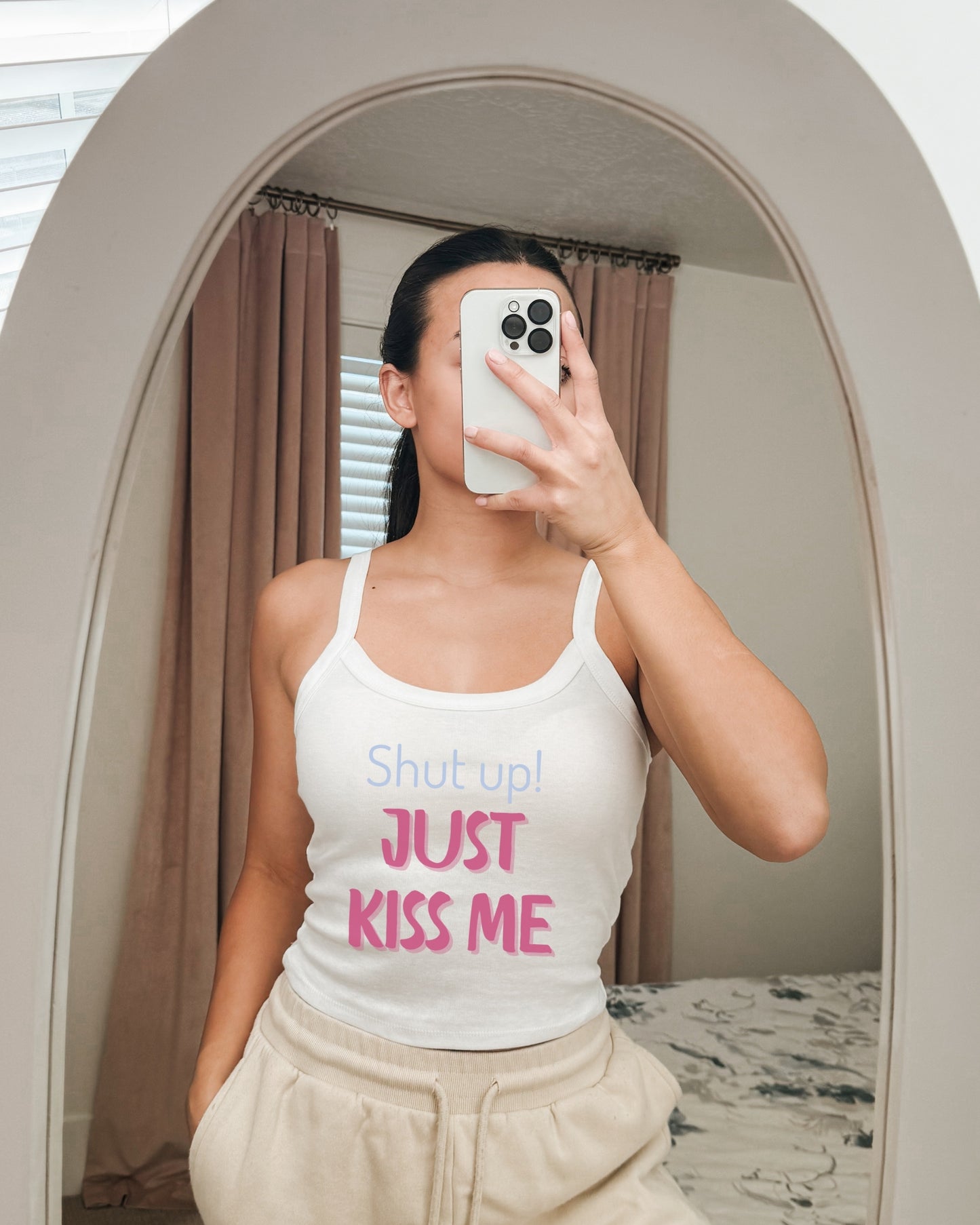 Women's Spaghetti Strap Tank Top - 'Shut Up Just Kiss Me' Casual Daily Tee