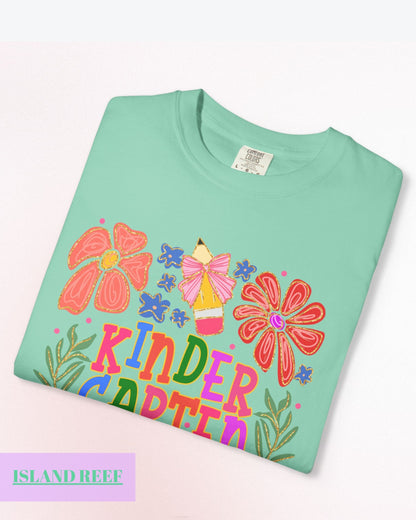 Comfort Colors® Floral Kindergarten Teacher T-Shirt, Kindergarten Crew, Floral Kindergarten Teacher Tee, Preschool Teacher Gift