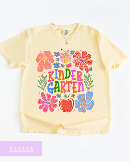 Comfort Colors® Floral Kindergarten Teacher T-Shirt, Kindergarten Crew, Floral Kindergarten Teacher Tee, Preschool Teacher Gift