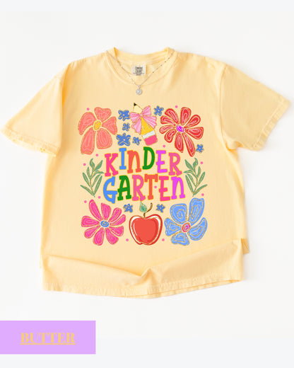 Comfort Colors® Floral Kindergarten Teacher T-Shirt, Kindergarten Crew, Floral Kindergarten Teacher Tee, Preschool Teacher Gift