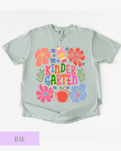 Comfort Colors® Floral Kindergarten Teacher T-Shirt, Kindergarten Crew, Floral Kindergarten Teacher Tee, Preschool Teacher Gift